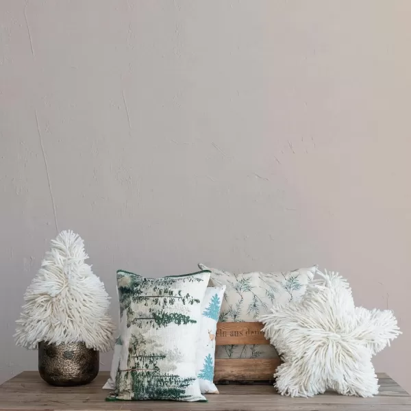 imageCreative CoOp Natural Green and Brown Square Linen and Cotton Printed Pillow with Pine Bough Pattern
