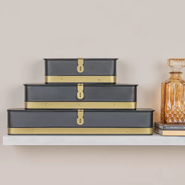 imageCreative CoOp Nestable Square Metal Storage Boxes with Hasp Lock Black Set of 3Black