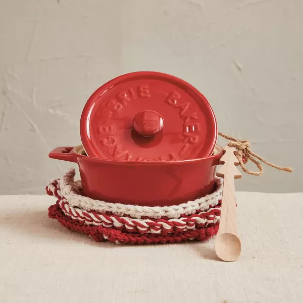 imageCreative CoOp Stoneware Brie Baker with Wood Tree Shaped Spoon and Reactive Glaze Red