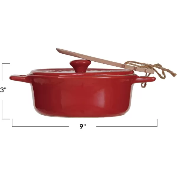 imageCreative CoOp Stoneware Brie Baker with Wood Tree Shaped Spoon and Reactive Glaze Red