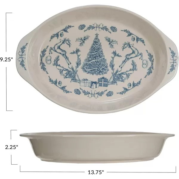 imageCreative CoOp Stoneware Handled Baker with Holiday Pattern Blue and Cream