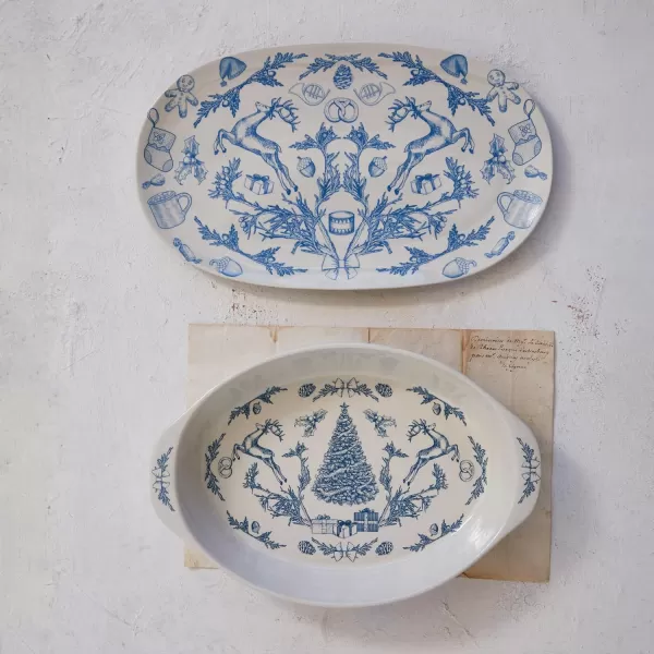 imageCreative CoOp Stoneware Handled Baker with Holiday Pattern Blue and Cream