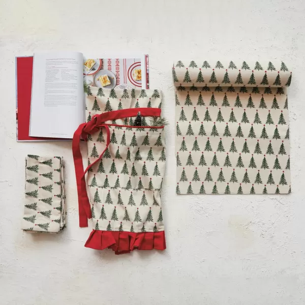 imageCreative CoOp Stonewashed Cotton Printed Table Runner with Christmas Tree Pattern Natural Green and Red