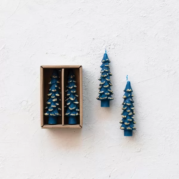 imageCreative CoOp Unscented Textured Tree Shaped Taper Candles in Box Pewter Color Set of 2GoldBlue