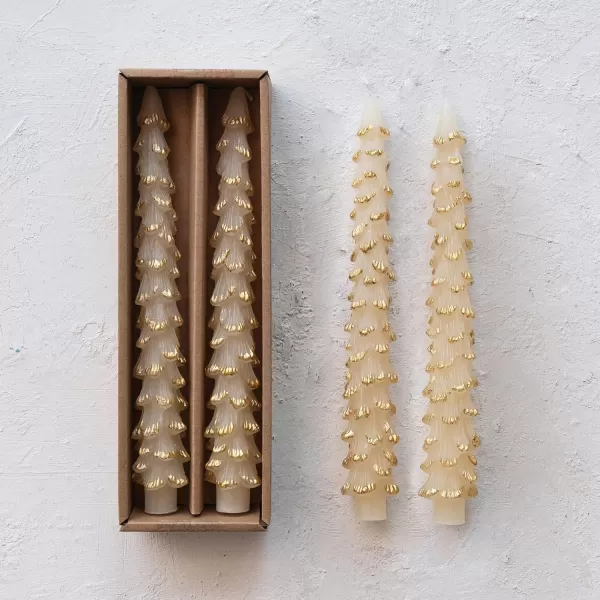 imageCreative CoOp Unscented Textured Tree Shaped Taper Candles in Box Pewter Color Set of 2GoldEggnog