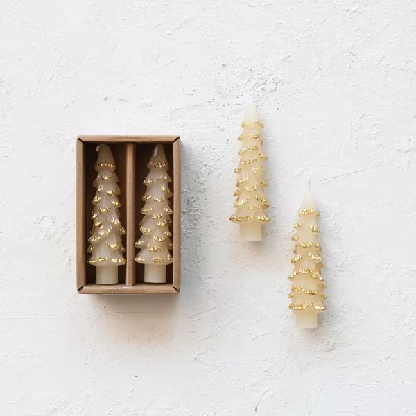 imageCreative CoOp Unscented Textured Tree Shaped Taper Candles in Box Pewter Color Set of 2GoldEggnog
