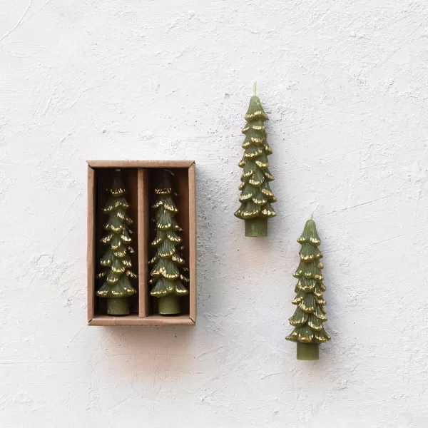 imageCreative CoOp Unscented Textured Tree Shaped Taper Candles in Box Pewter Color Set of 2GoldEvergreen
