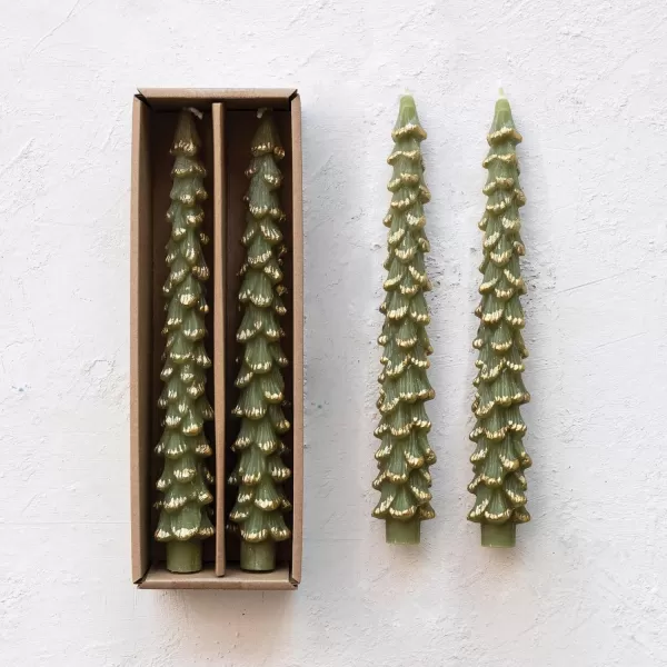 imageCreative CoOp Unscented Textured Tree Shaped Taper Candles in Box Pewter Color Set of 2GoldEvergreen