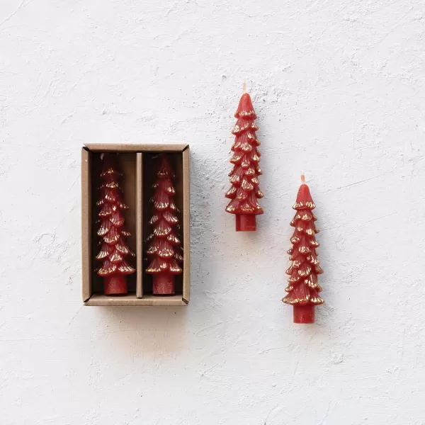 imageCreative CoOp Unscented Textured Tree Shaped Taper Candles in Box Pewter Color Set of 2GoldHolly Berry