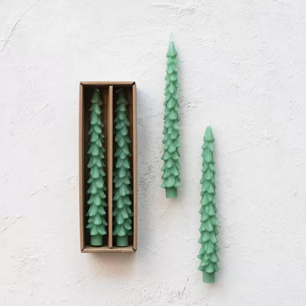 imageCreative CoOp Unscented Textured Tree Shaped Taper Candles in Box Pewter Color Set of 2Green