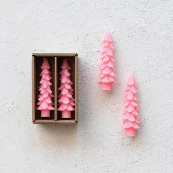 imageCreative CoOp Unscented Textured Tree Shaped Taper Candles in Box Pewter Color Set of 2Pink