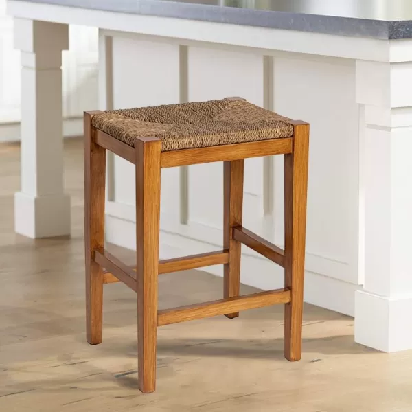 imageCreative CoOp Willowbrook Solid Wood and Natural Woven Seagrass Rope Bar Stool Mahogany Black FinishHoney Walnut Finish