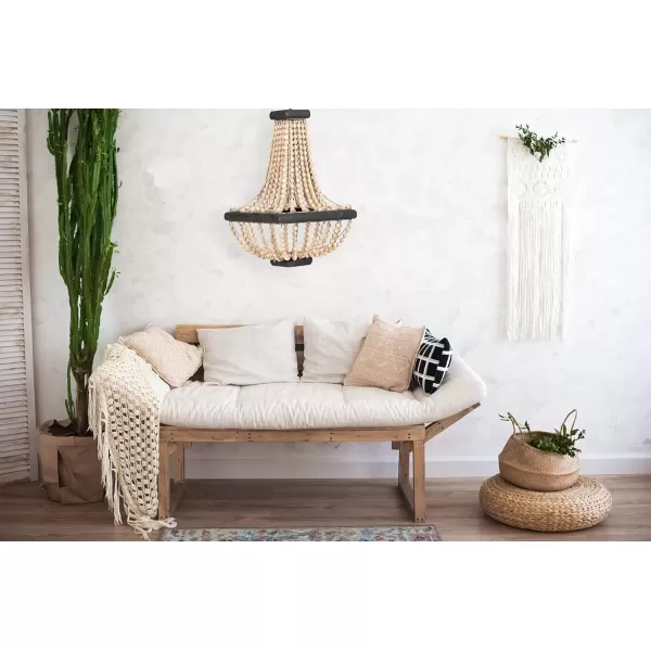 imageCreative CoOp Wood ampamp Metal Framed Chandelier with Wood Bead DrapingCream