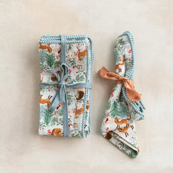 imageCreative CoOp Woodland Flora and Fauna Napkins with Pom Pom Trim Multicolor Set of 4