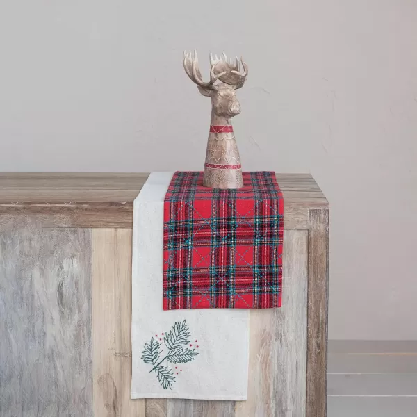 imageCreative CoOp Woven Cotton and Linen Table Runner with HandEmbroidered Holly and French Knots Natural Green and Red