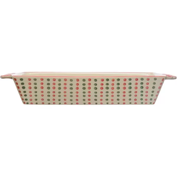 imageCreative CoOp 1512quotL x 9quot W x 214quotH 212 Quart HandPainted Stoneware Baker wHandles ampamp Red Rim Santa Stop Here Red ampamp Green