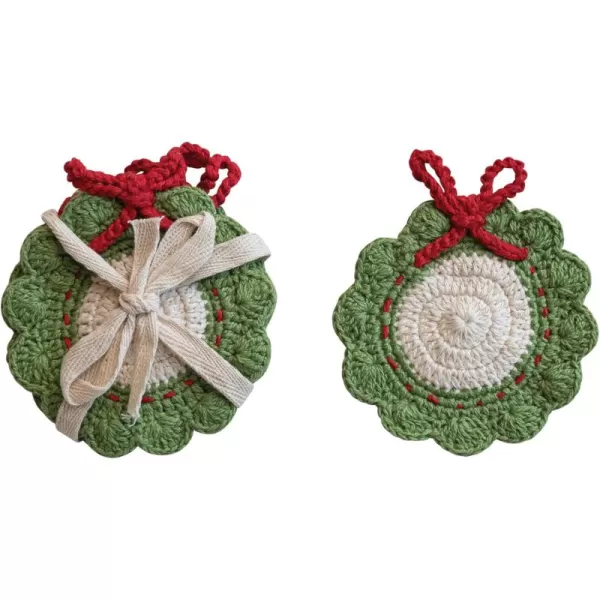 imageCreative CoOp Cotton Crocheted Wreath Shaped Coasters Green Red and White Set of 4