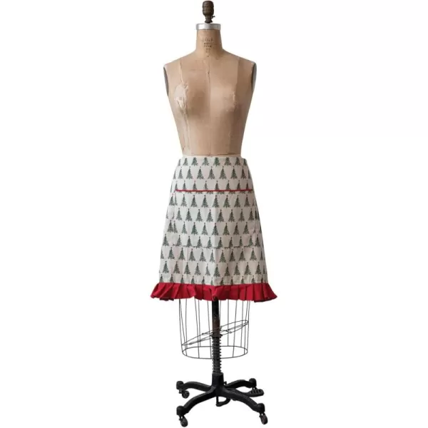imageCreative CoOp Cotton Printed Half Apron with Christmas Tree Pattern Pocket and Ruffle Natural Green and Red