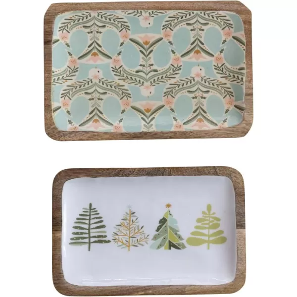 imageCreative CoOp Enameled Mango Wood Trays with Dove and Trees Patterns Multicolor Set of 2