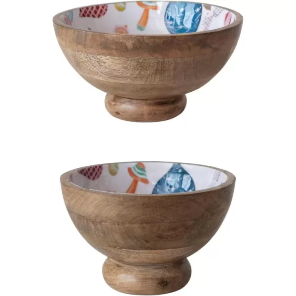 imageCreative CoOp Mango Wood Footed Bowls with Seasonal Pattern Multicolor Set of 2