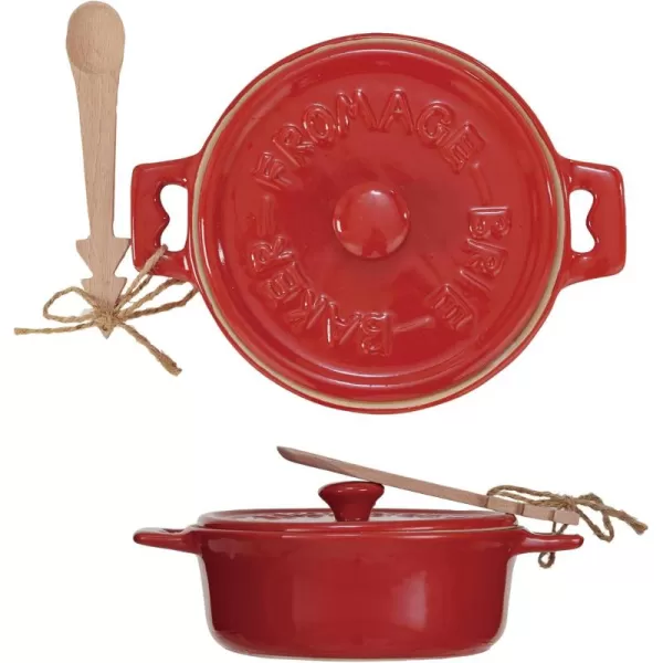 imageCreative CoOp Stoneware Brie Baker with Wood Tree Shaped Spoon and Reactive Glaze Red