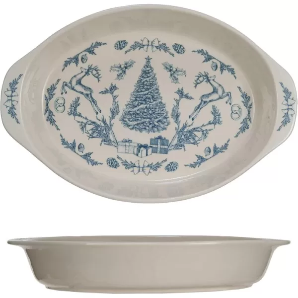 imageCreative CoOp Stoneware Handled Baker with Holiday Pattern Blue and Cream