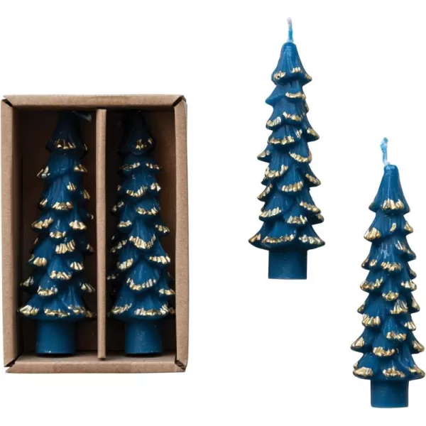 imageCreative CoOp Unscented Textured Tree Shaped Taper Candles in Box Pewter Color Set of 2GoldBlue