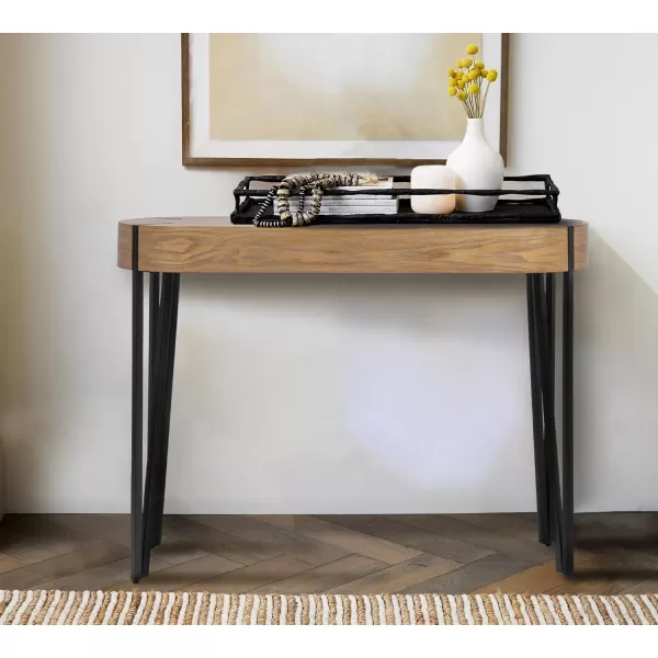 imageCreative CoOp Astoria Round Wood Side Coffee Table with Metal Hairpin Legs BlackNaturalBlack