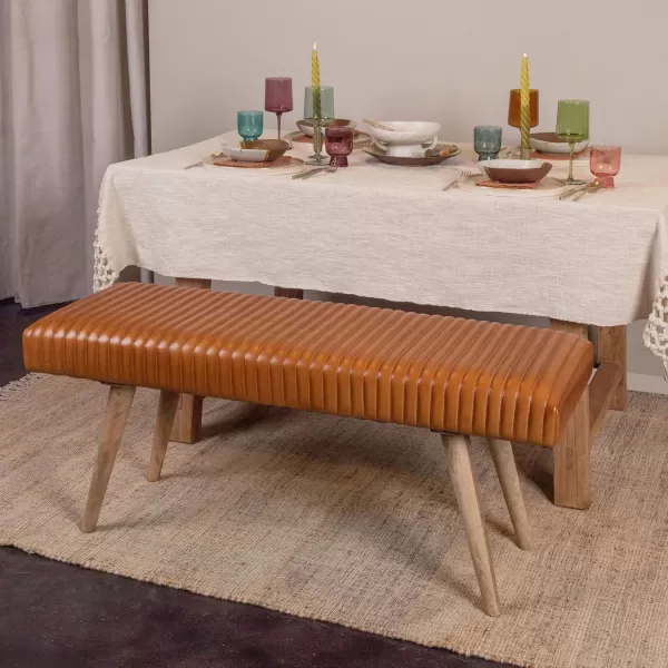 imageCreative CoOp Black Mango Wood and Leather Grid BenchCamel Brown