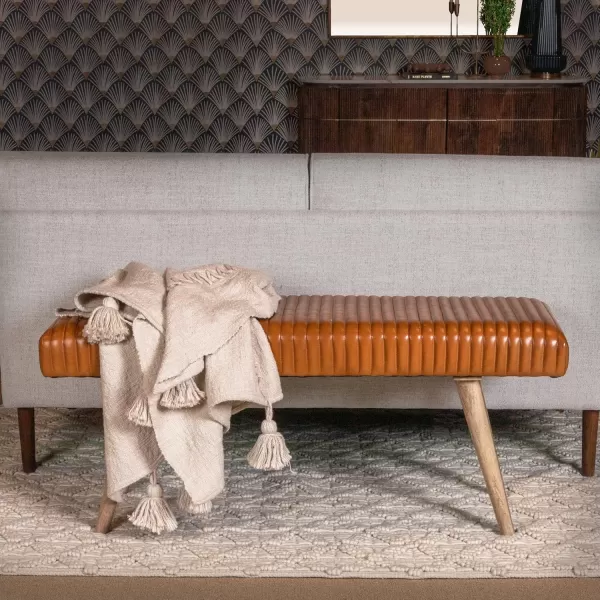 imageCreative CoOp Black Mango Wood and Leather Grid BenchCamel Brown