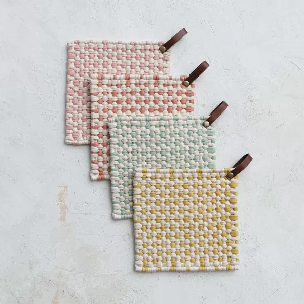 imageCreative CoOp Light Hue Cotton Crocheted Pot Holder with Leather Loop Multicolor Set of 4