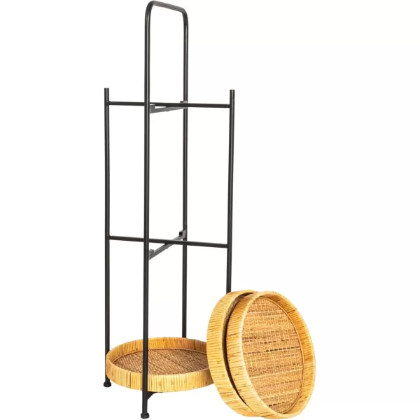 imageCreative CoOp Modern Arched Metal Plant Stand or Shelf with 3 Round Removable Rattan Trays BlackNatural