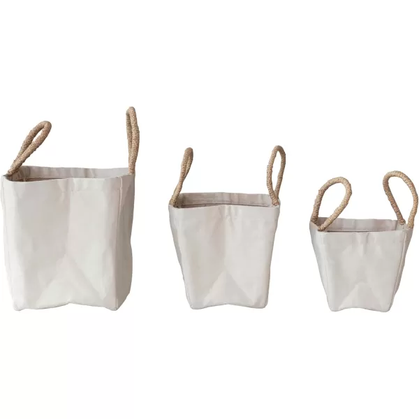 imageCreative CoOp Natural Cotton Canvas Containers with Braided Handles Set of 3 Large Medium Small