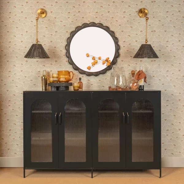imageCreative CoOp Round Scalloped Distressed Wood Wall Mirror Black