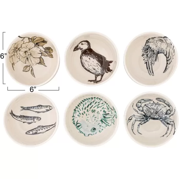 imageCreative CoOp 6 Inches Round Stoneware Cereal Dinnerware Set with Sea Animal Designs Cream Set of 6 Bowls
