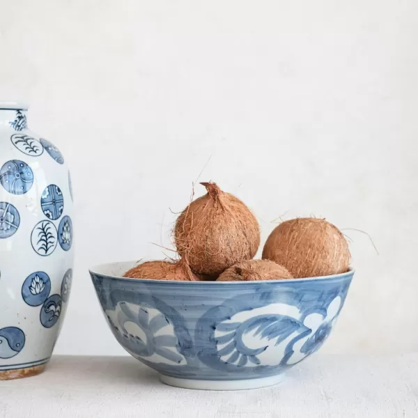 imageCreative CoOp Hand Painted Stoneware Bowl with Floral Design Blue and White