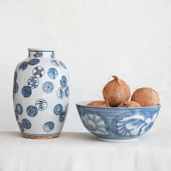 imageCreative CoOp Hand Painted Stoneware Bowl with Floral Design Blue and White