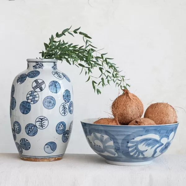 imageCreative CoOp Hand Painted Stoneware Bowl with Floral Design Blue and White