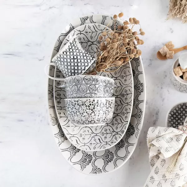 imageCreative CoOp HandStamped Stoneware Bowl with Embossed Pattern Black ampamp Cream Color 4 Styles Dinnerware Multi