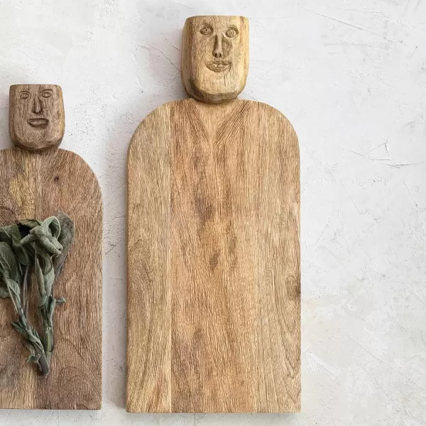 imageCreative CoOp Large HandCarved Mango Wood Slicer Face Handle Design and Combed Finish Natural Cheese and Cutting Board