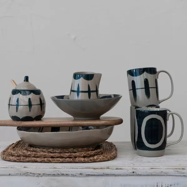 imageCreative CoOp Shallow Stoneware Painted Circles Set of 2 Black and Tan Bowl Blue