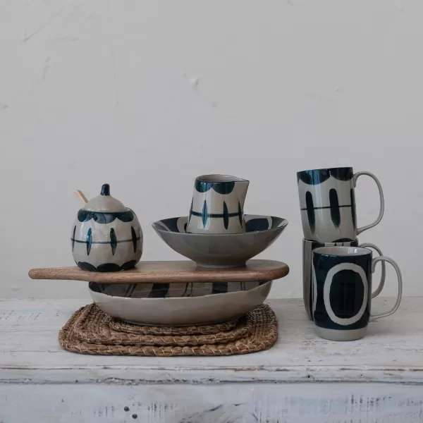 imageCreative CoOp Shallow Stoneware Painted Circles Set of 2 Black and Tan Bowl Blue