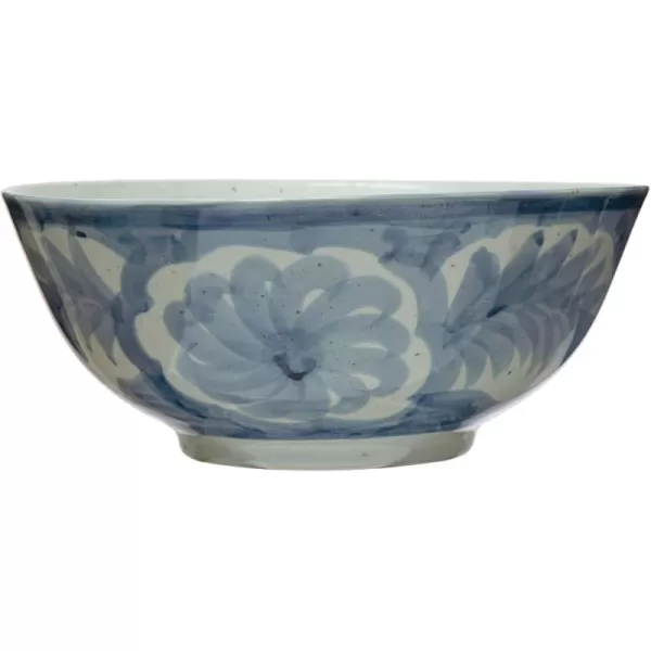 imageCreative CoOp Hand Painted Stoneware Bowl with Floral Design Blue and White