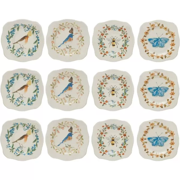 imageCreative CoOp Stoneware Painted Fauna and Scalloped Edge 4 Styles Set of 12 Plate Multi