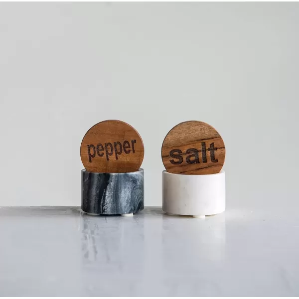 imageCreative CoOp Black ampamp White Marble Wood Lids Set of 2 Styles Salt and Pepper Pots L x W x H Multi