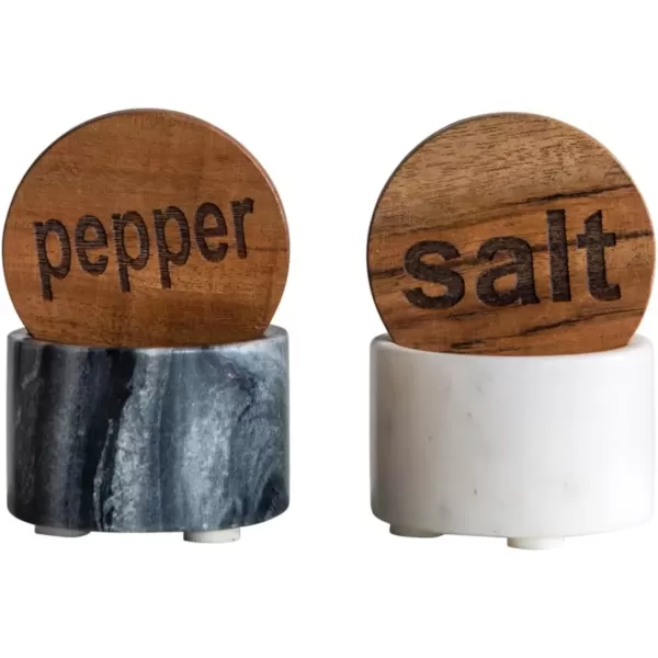 imageCreative CoOp Black ampamp White Marble Wood Lids Set of 2 Styles Salt and Pepper Pots L x W x H Multi