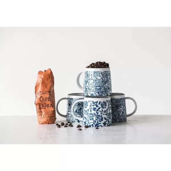 imageCreative CoOp Blue ampamp White HandStamped Stoneware Mug with Gold Rim Set of 3 Patterns Mugs ampamp Cups BlueMug