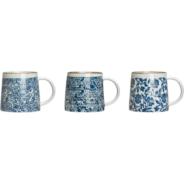 imageCreative CoOp Blue ampamp White HandStamped Stoneware Mug with Gold Rim Set of 3 Patterns Mugs ampamp Cups BlueMug
