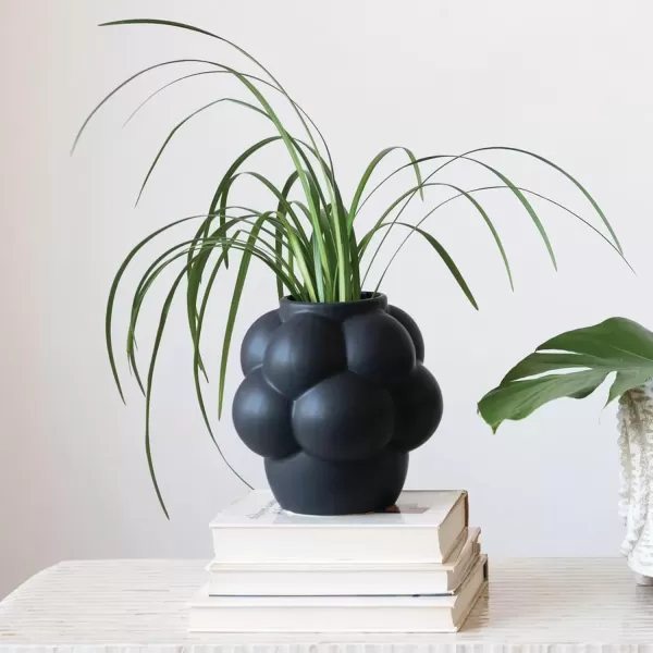 imageCreative CoOp Bulbous Stoneware Vase with Raised Dots and Matte Finish WhiteMatte Black