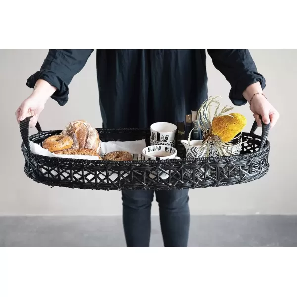imageCreative CoOp Decorative HandWoven Rattan Handles Black Tray